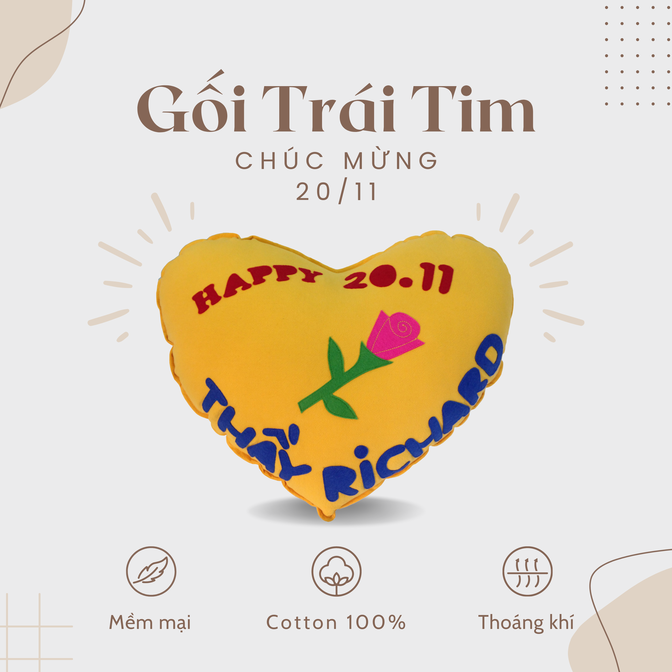 Gối Tựa Lưng - Gối Trang Trí Sofa Hình Trái Tim Đắp Tên Theo Yêu Cầu Gối Trái Tim Đắp Hình Theo Yêu Cầu Mẫu 02