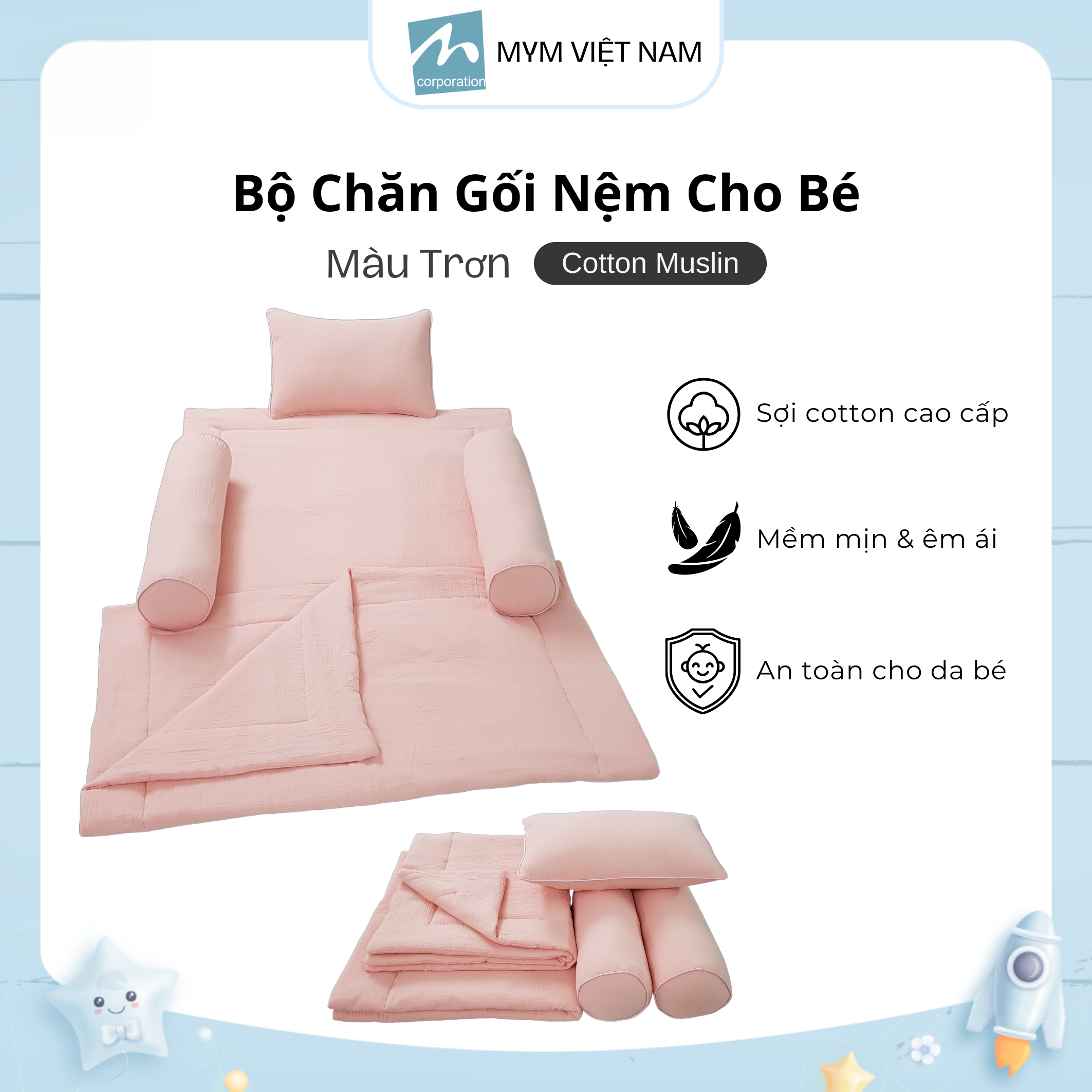 Bộ Chăn Gối Cho Bé Cotton Muslin Mẫu 1
