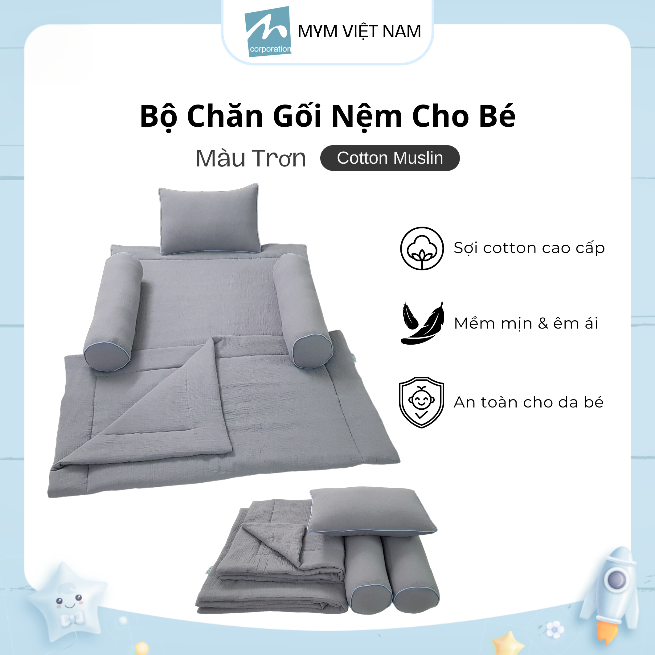 Bộ Chăn Gối Cho Bé Cotton Muslin Mẫu 3