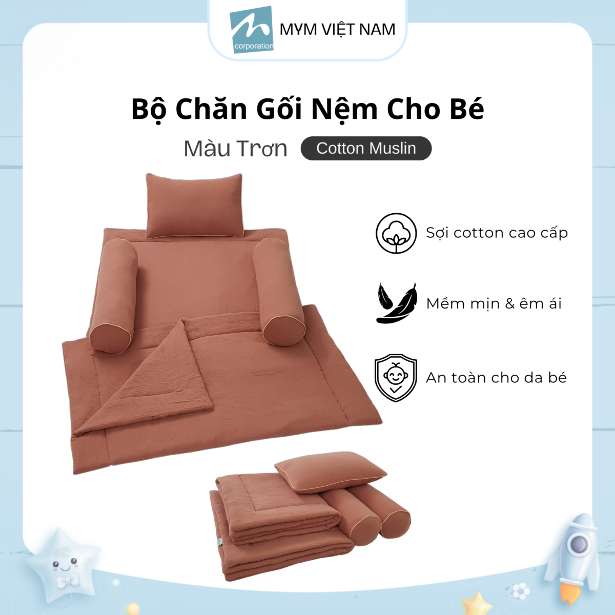 Bộ Chăn Gối Cho Bé Cotton Muslin Mẫu 4